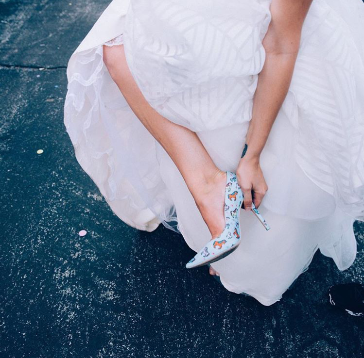 White wedding dress blue shoes sales