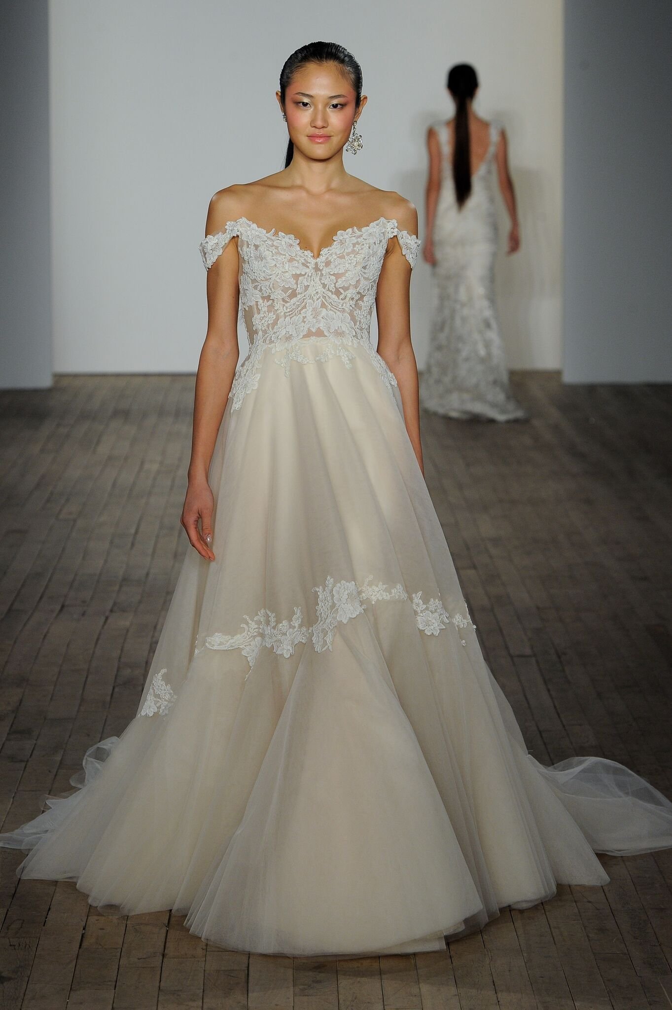 off the shoulder cap sleeve wedding dress