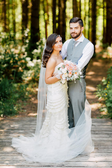 Bride and groom with bouquet