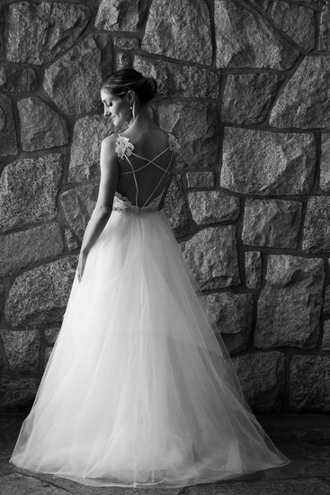 black and white photo from wedding dress