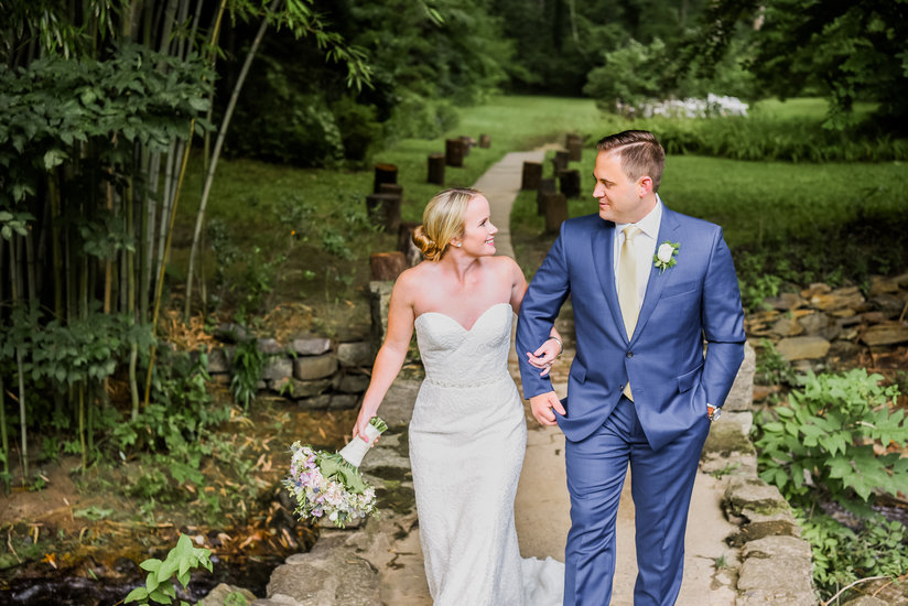 Bride and groom on bridge 