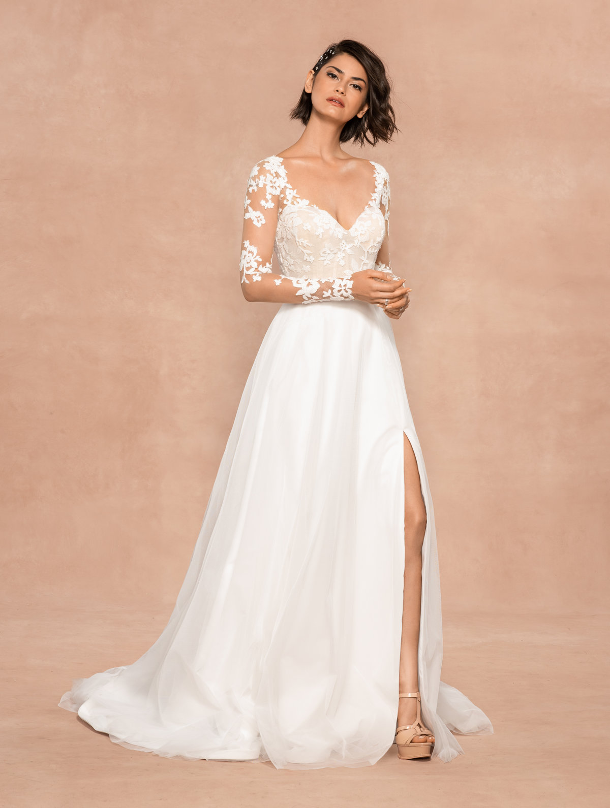 hayley paige long sleeve lace gown