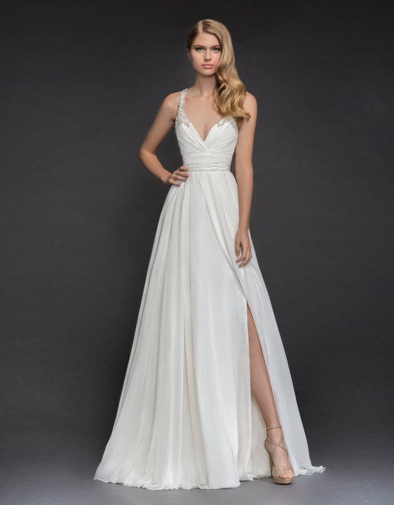 Style 1802 Kona Blush by Hayley Paige bridal gown -Â Ivory draped chiffon A-line bridal gown, sweetheart neckline with beaded strap accent, draped cut out back detail, flowing chiffon skirt with slit.
